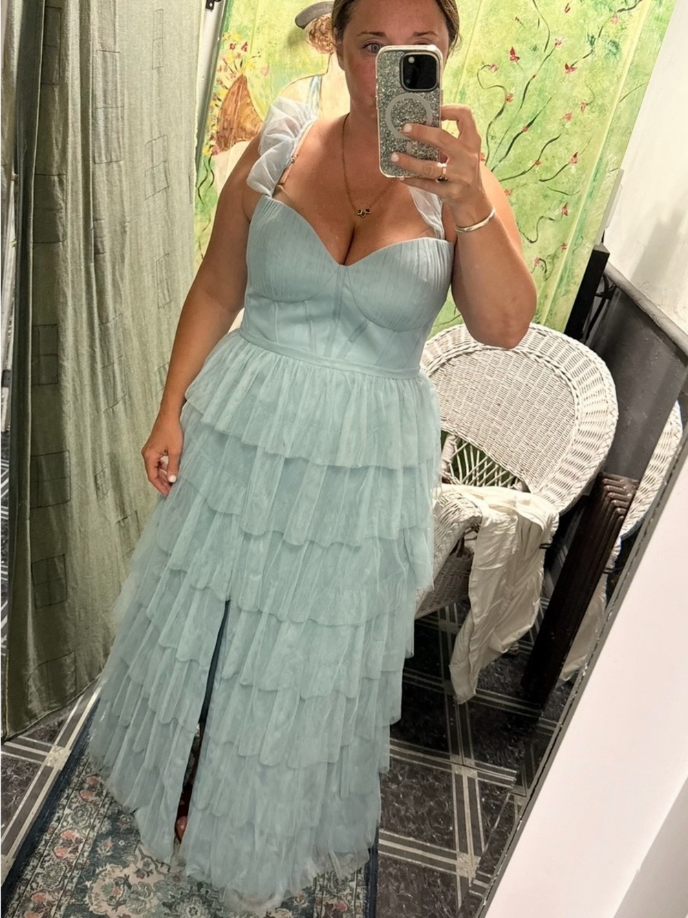 Tiered Tulle Sweetheart Maxi Dress in Light Blue